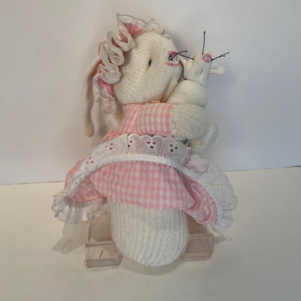 Vintage Handcrafted Socks and Pink Gingham Bunny Mommy and Baby Bunny - Picture 10 of 13